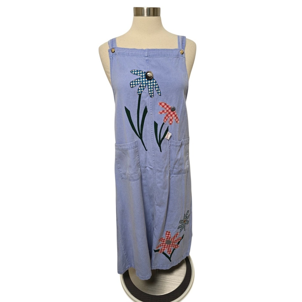 90s Vintage Womens Sleeveless Jumper Dress Denim Stripes Size Medium Floral